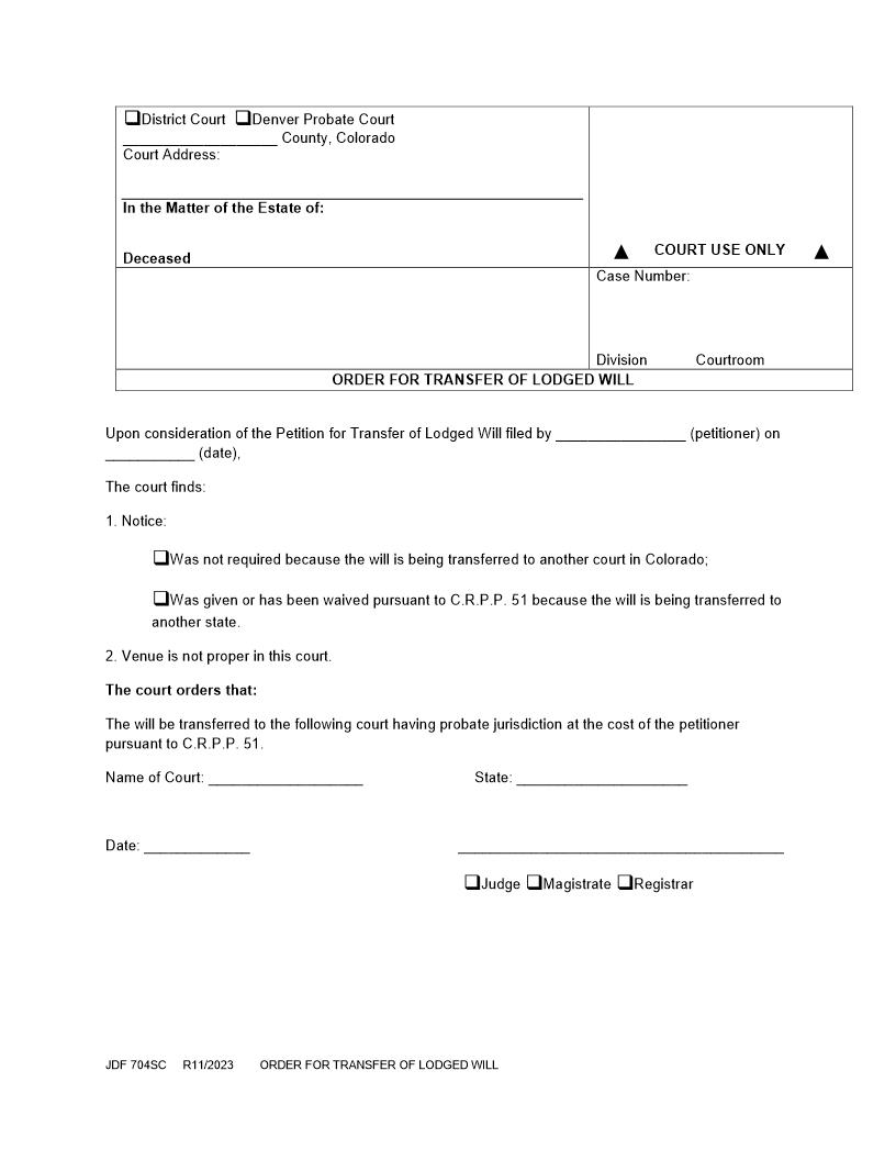 Order For Transfer Of Lodged Will {JDF 704SC} | Pdf Fpdf Docx | Colorado