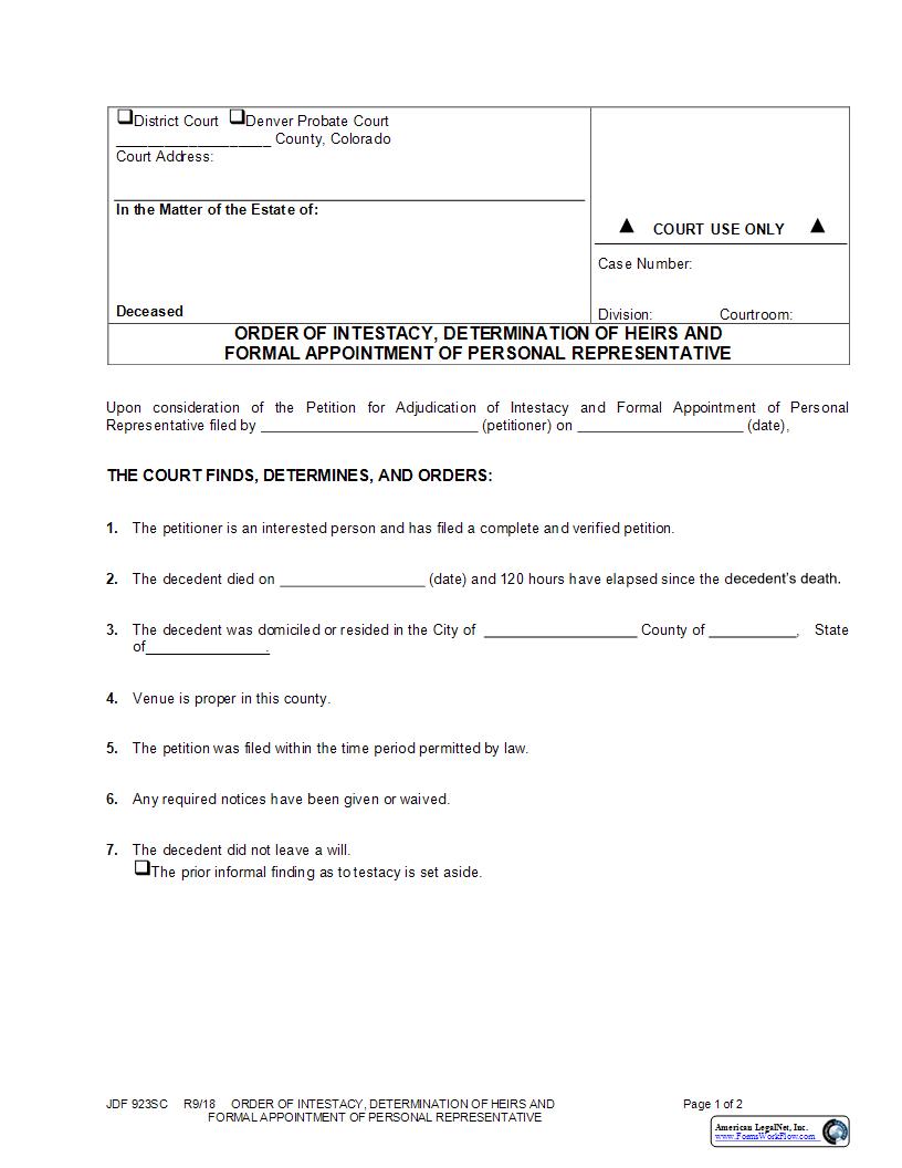 Order Of Intestacy Determination Of Heirs And Formal Appointment Of Personal Representative {JDF 923SC} | Pdf Fpdf Docx | Colorado