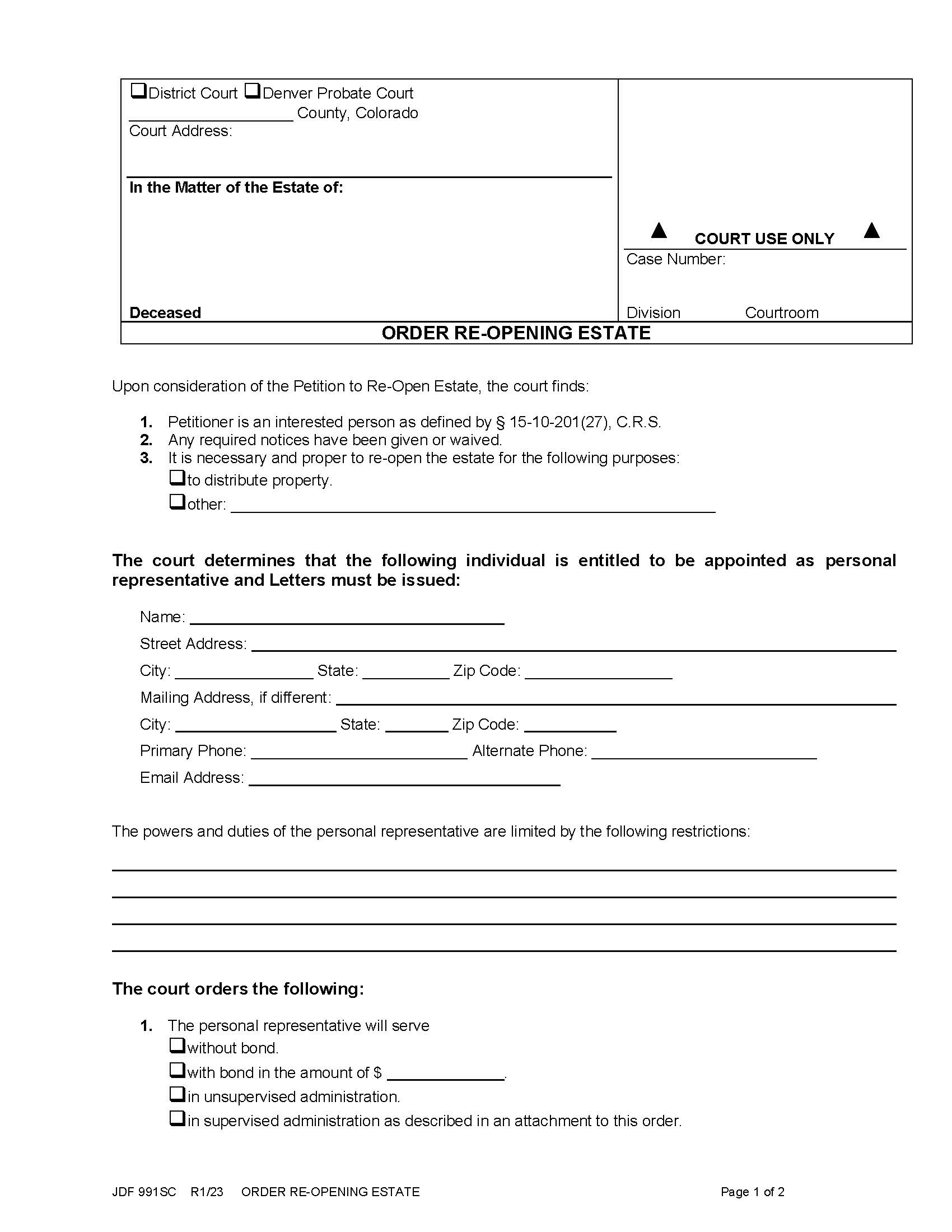 Order Re Opening Estate {JDF 991SC} | Pdf Fpdf Docx | Colorado