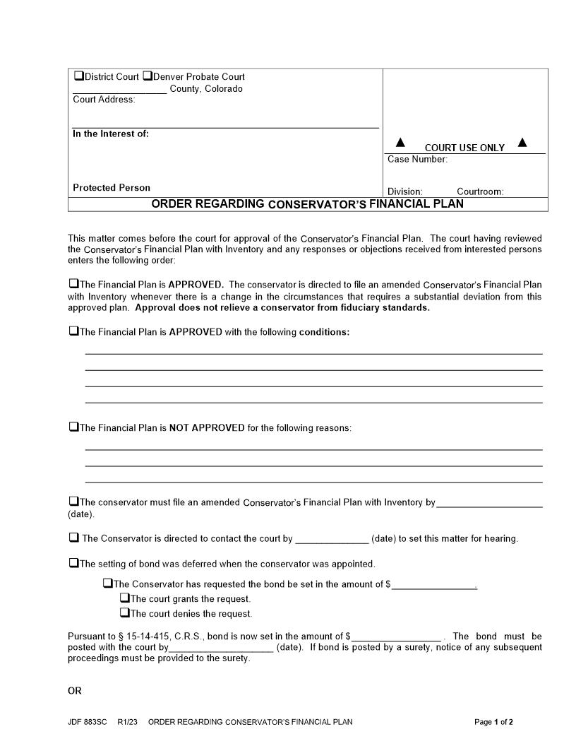 Order Regarding Conservators Financial Plan {JDF 883SC} | Pdf Fpdf Docx | Colorado