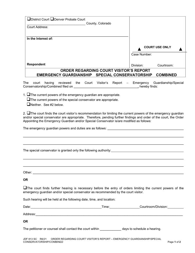 Order Regarding Court Visitors Report {JDF 813} | Pdf Fpdf Docx | Colorado