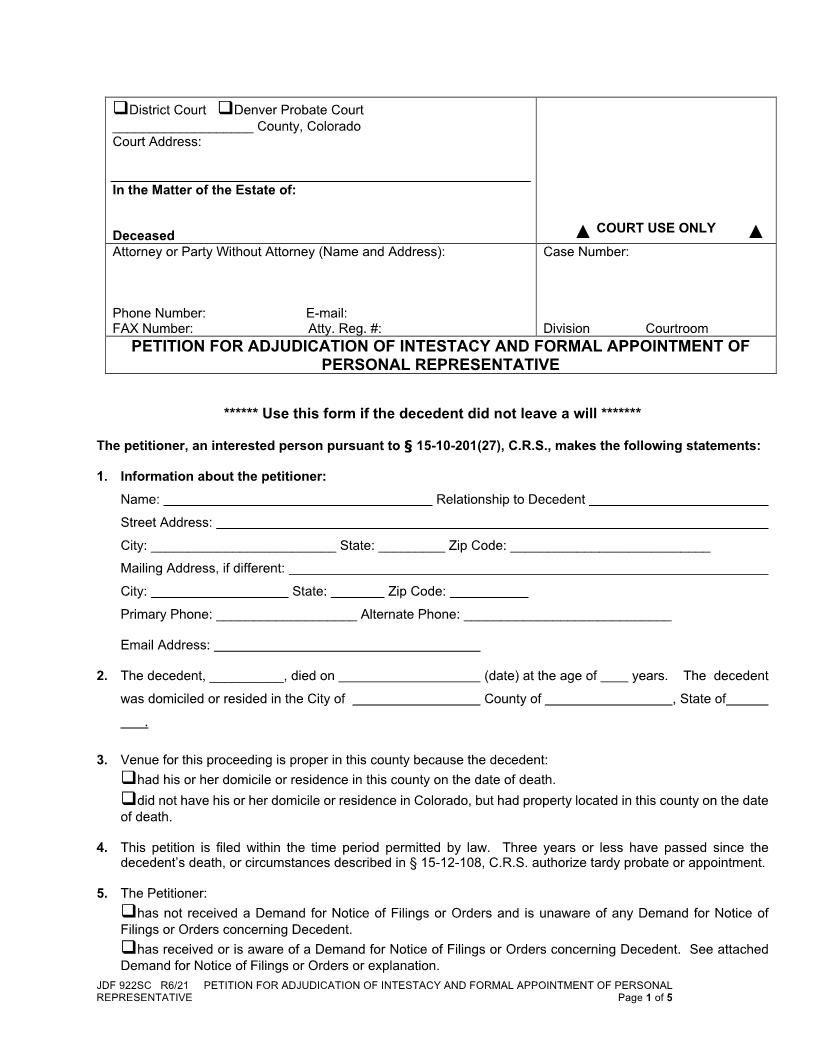 Petition For Adjudication Of Intestacy And Formal Appointment Of Personal Representative {JDF 922SC} | Pdf Fpdf Docx | Colorado