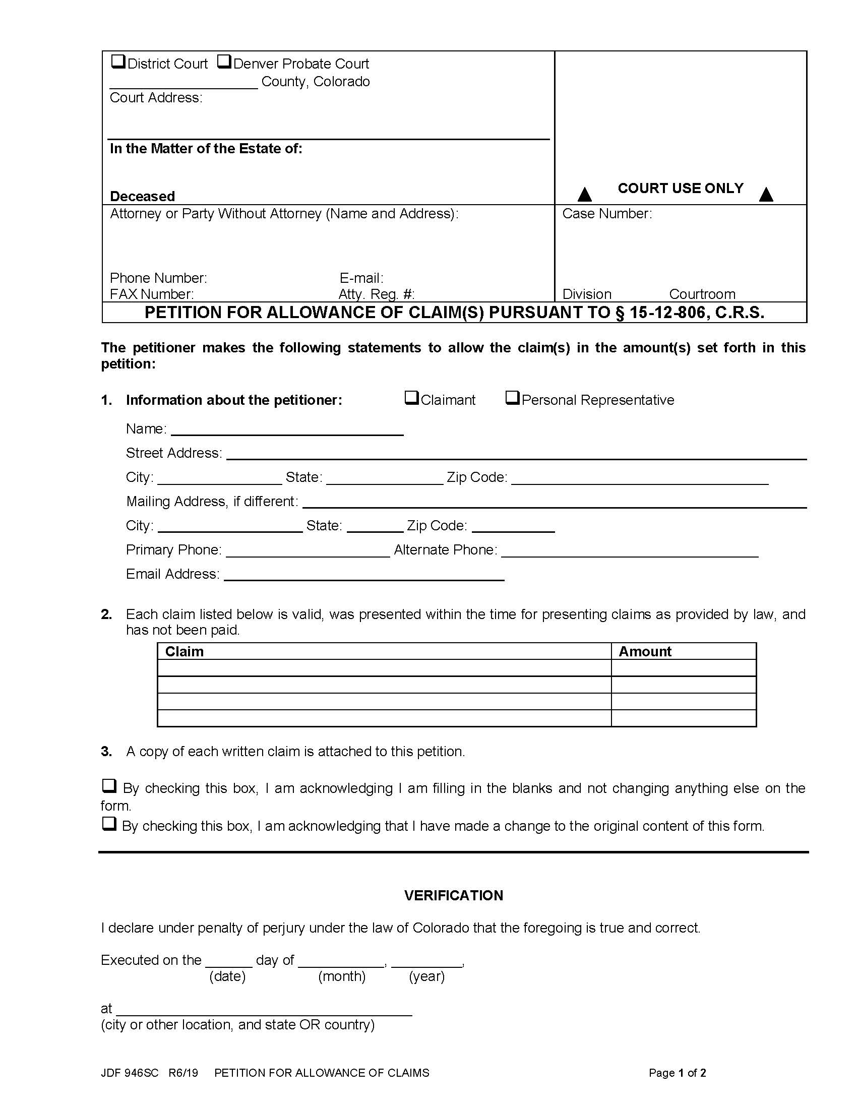 Petition For Allowance Of Claims {JDF 946SC} | Pdf Fpdf Docx | Colorado