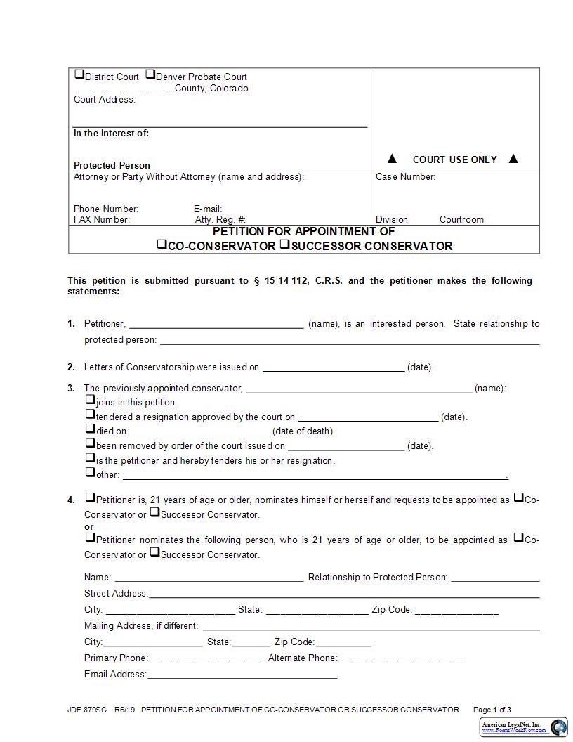 Petition For Appointment Of CoConservator Or Successor Conservator {JDF 879SC} | Pdf Fpdf Docx | Colorado