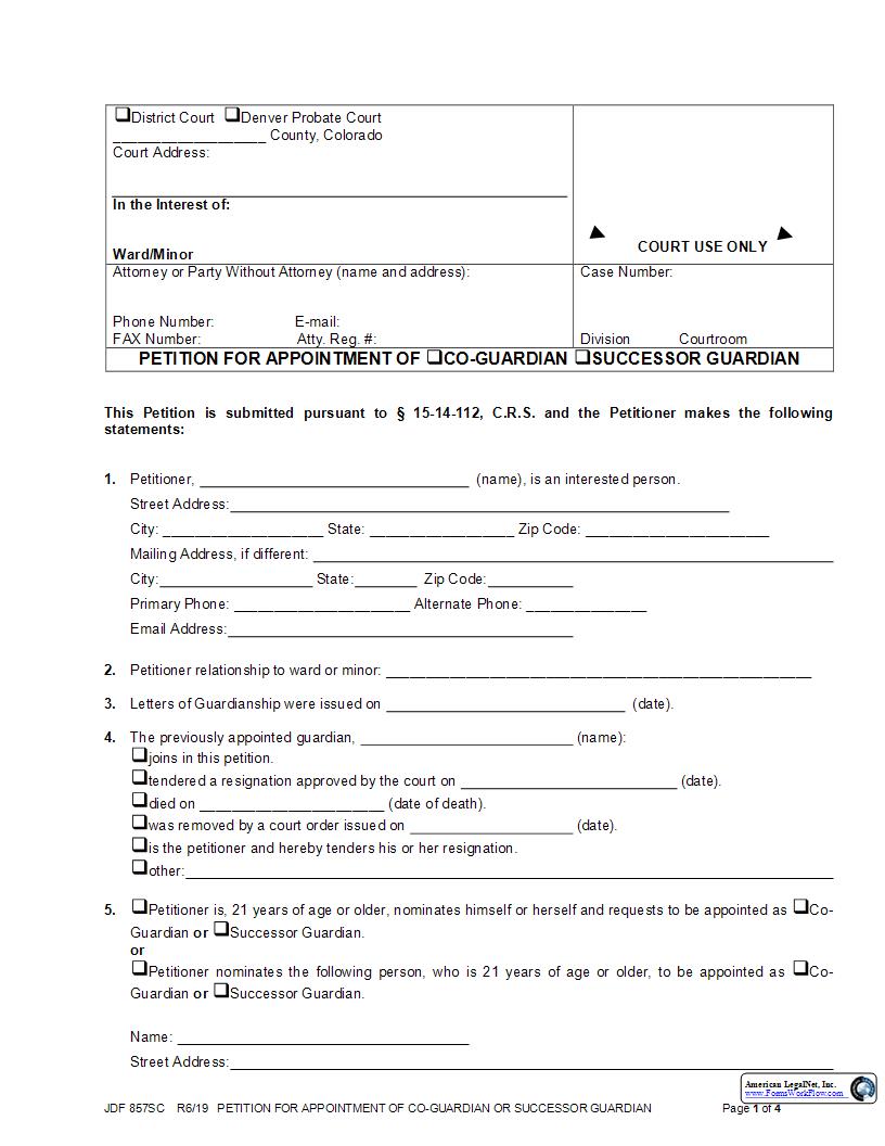 Petition For Appointment Of CoGuardian Or Successor Guardian {JDF 857SC} | Pdf Fpdf Docx | Colorado