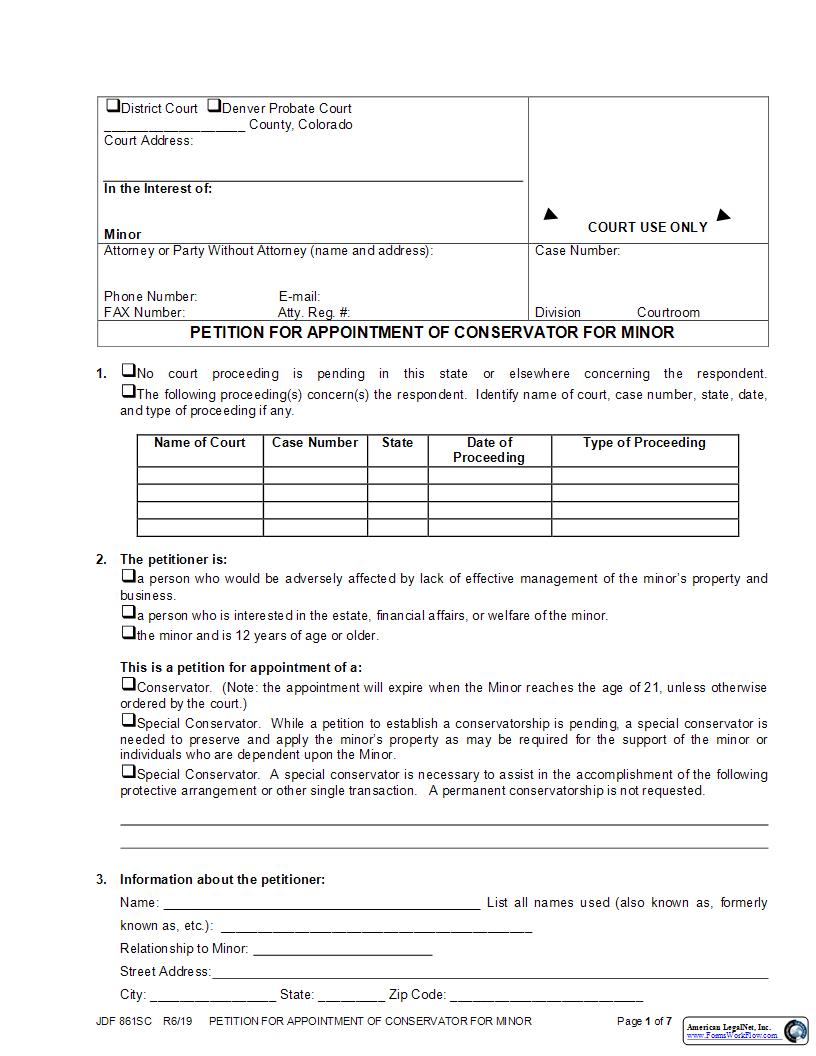 Petition For Appointment Of Conservator For Minor {JDF 861SC} | Pdf Fpdf Docx | Colorado