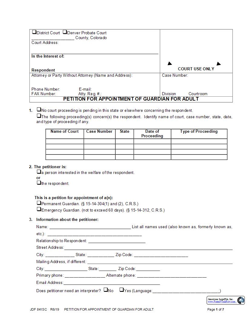 Petition For Appointment Of Guardian For Adult {JDF 841SC} | Pdf Fpdf Docx | Colorado