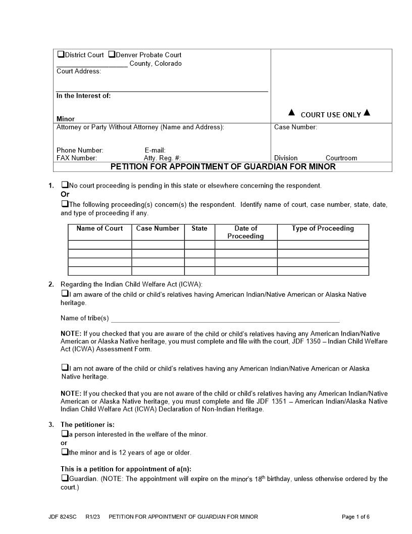 Petition For Appointment Of Guardian For Minor {JDF 824SC} | Pdf Fpdf Docx | Colorado