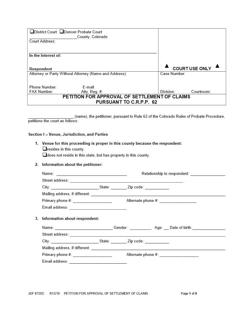 Petition For Approval Of Settlement {JDF 872SC} | Pdf Fpdf Docx | Colorado