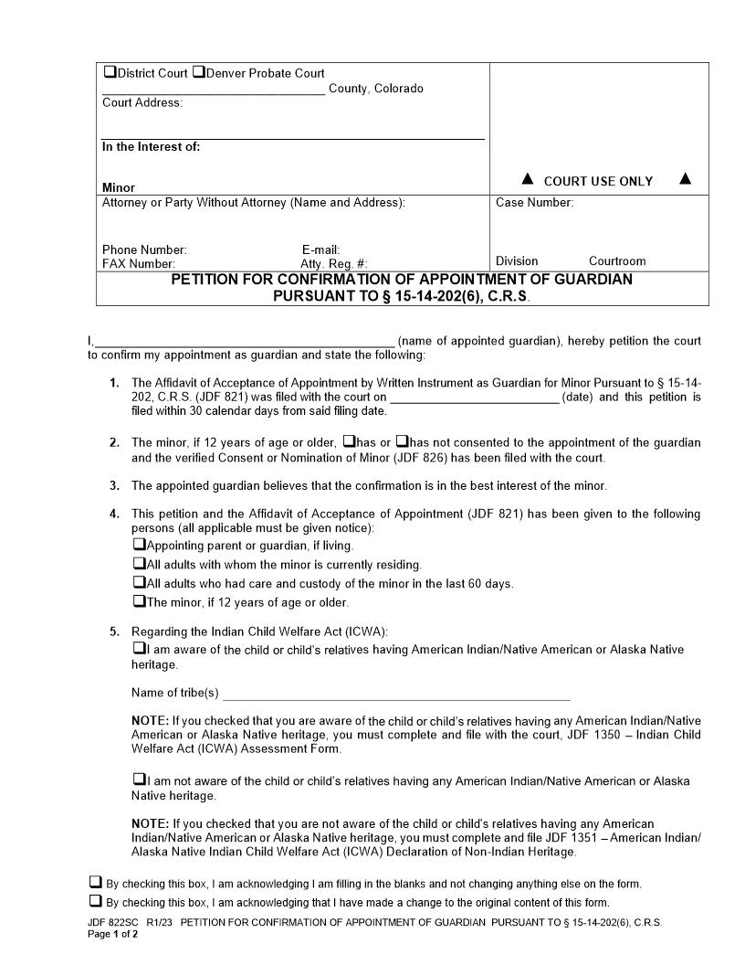 Petition For Confirmation Of Appointment Of Guardian {JDF 822SC} | Pdf Fpdf Docx | Colorado