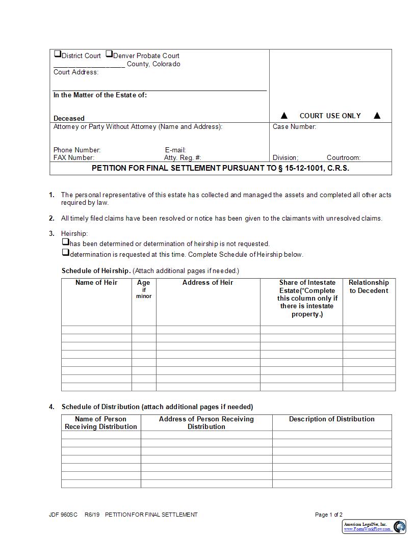 Petition For Final Settlement {JDF 960SC} | Pdf Fpdf Docx | Colorado