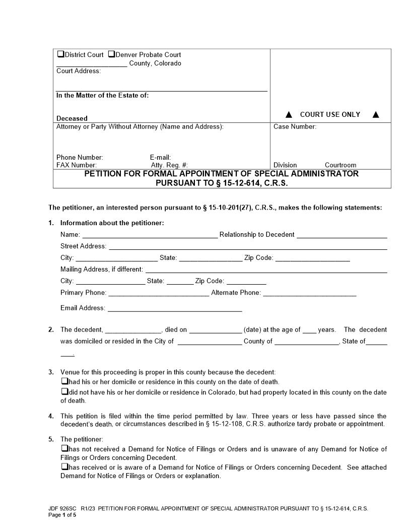 Petition For Formal Appointment Of Special Administrator {JDF 926SC} | Pdf Fpdf Docx | Colorado