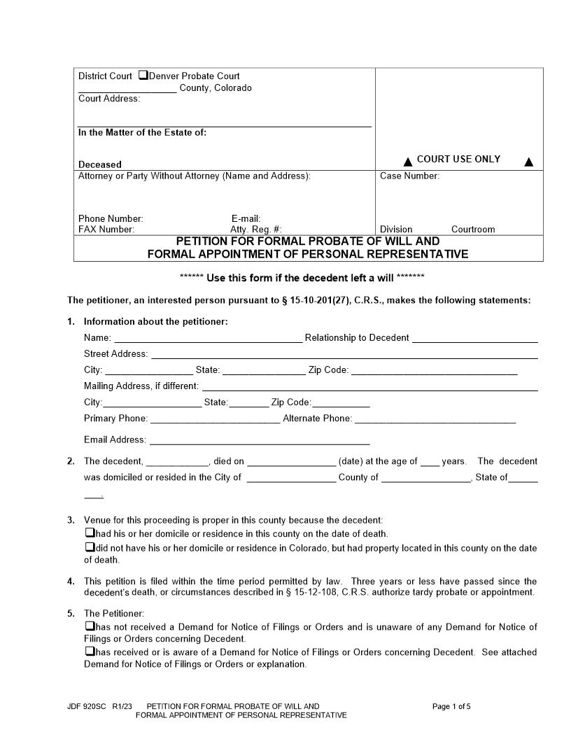 Petition For Formal Probate Of Will {JDF 920SC} | Pdf Fpdf Docx | Colorado