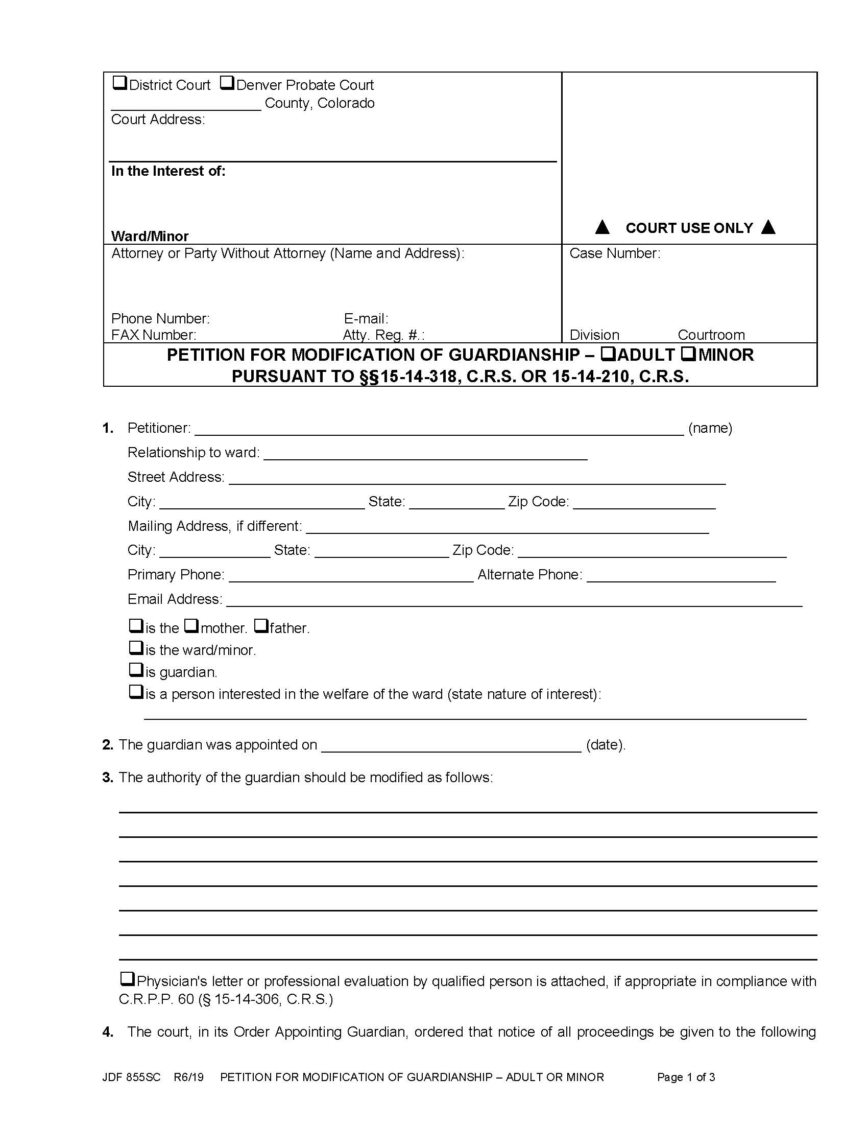 Petition For Modification Of Guardianship {JDF 855SC} | Pdf Fpdf Docx | Colorado