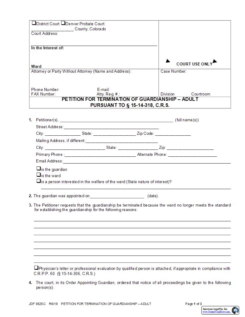 Petition For Termination Of Guardianship Of Adult {JDF 852SC} | Pdf Fpdf Docx | Colorado