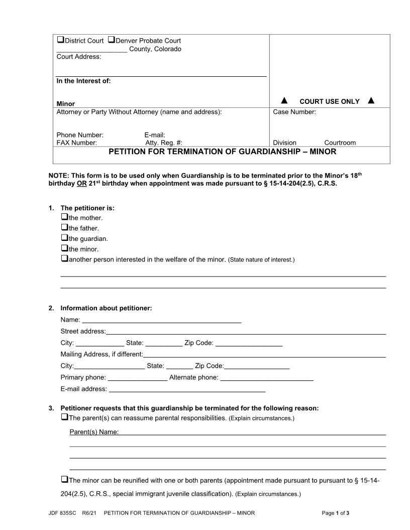 Petition For Termination Of Guardianship Of Minor {JDF 835SC} | Pdf Fpdf Docx | Colorado