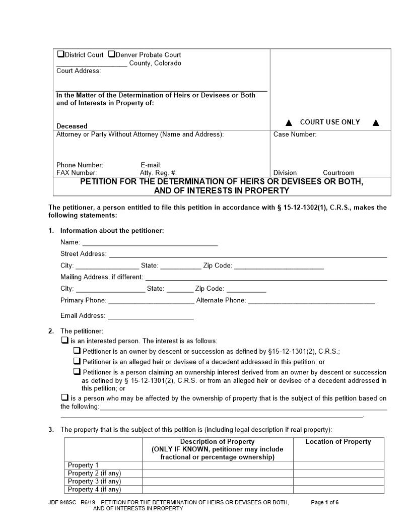 Petition For The Determination Of Heirs Or Devisees {JDF 948SC} | Pdf Fpdf Docx | Colorado