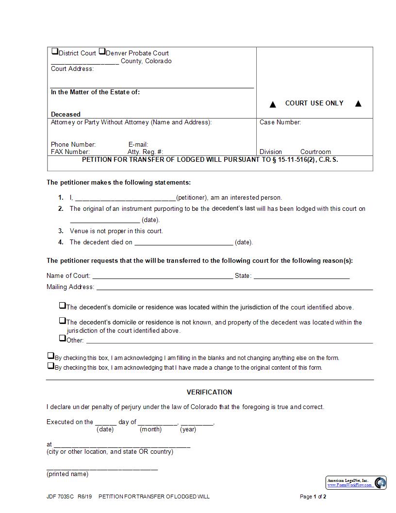 Petition For Transfer Of Lodged Will {JDF 703SC} | Pdf Fpdf Docx | Colorado