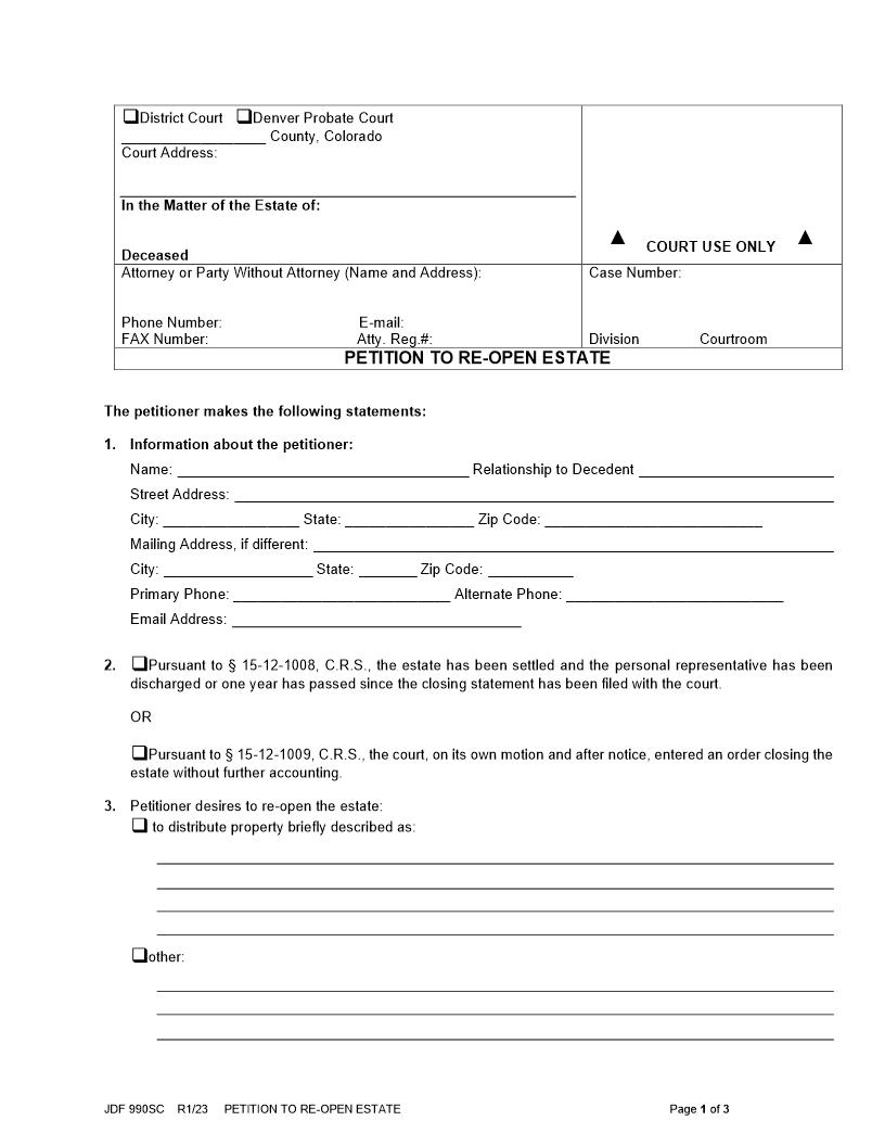 Petition To ReOpen Estate {JDF 990SC} | Pdf Fpdf Docx | Colorado