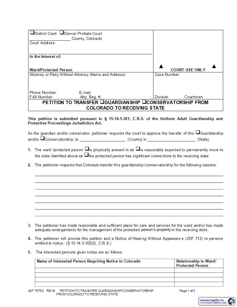 Petition To Transfer Guardianship Or Conservatorship To Receiving State {JDF 787SC} | Pdf Fpdf Docx | Colorado