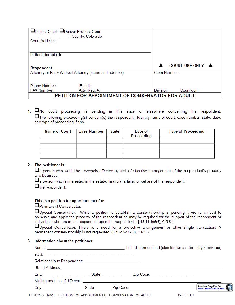 Petition for Appointment of Conservator For Adult {JDF 876SC} | Pdf Fpdf Docx | Colorado