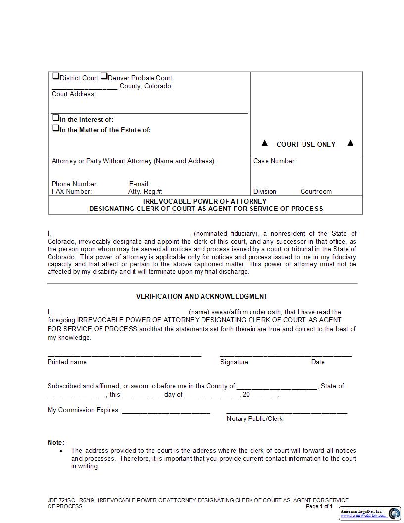 Power Of Attorney Designating Clerk As Agent For Service Of Process {JDF 721SC} | Pdf Fpdf Docx | Colorado