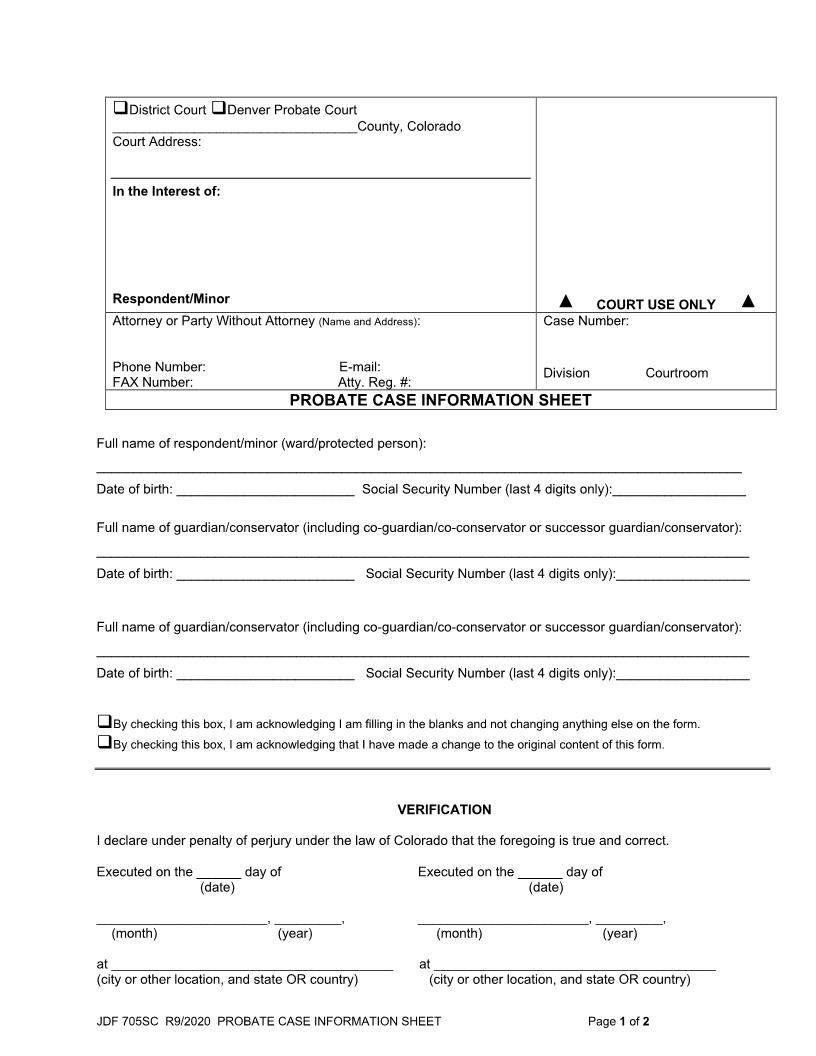 Probate Case Information Sheet {JDF 705SC} | Pdf Fpdf Docx | Colorado