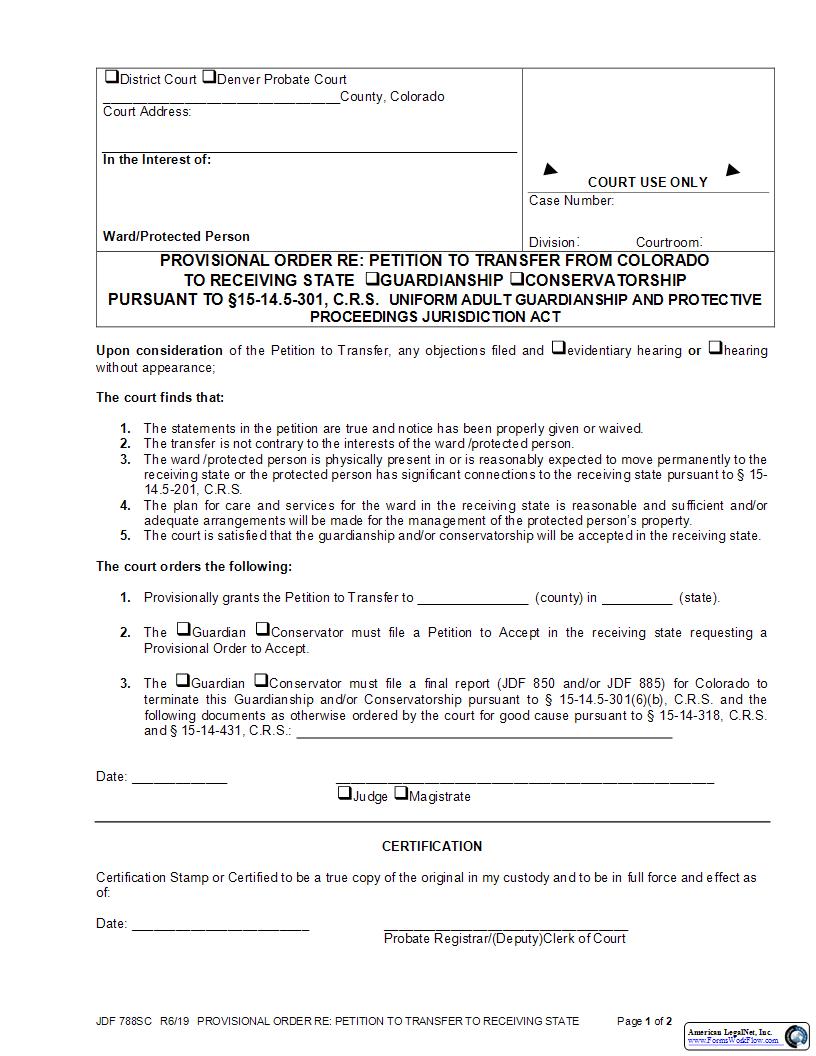 Provisional Order Re Petition To Transfer From Colorado To Receiving State {JDF 788SC} | Pdf Fpdf Docx | Colorado