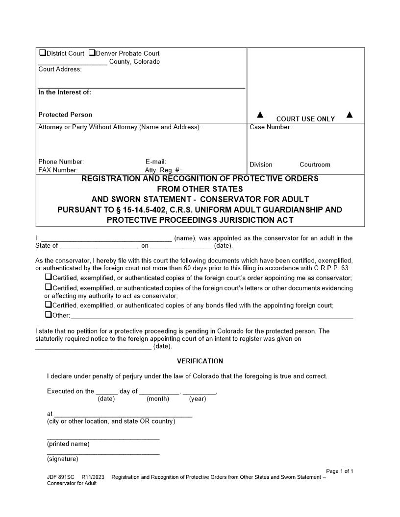 Registration And Recognition Of Protective Orders From Other States {JDF 891SC} | Pdf Fpdf Docx | Colorado