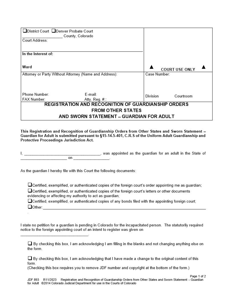 Registration and Recognition of Guardianship Orders From Other States {JDF 893} | Pdf Fpdf Docx | Colorado