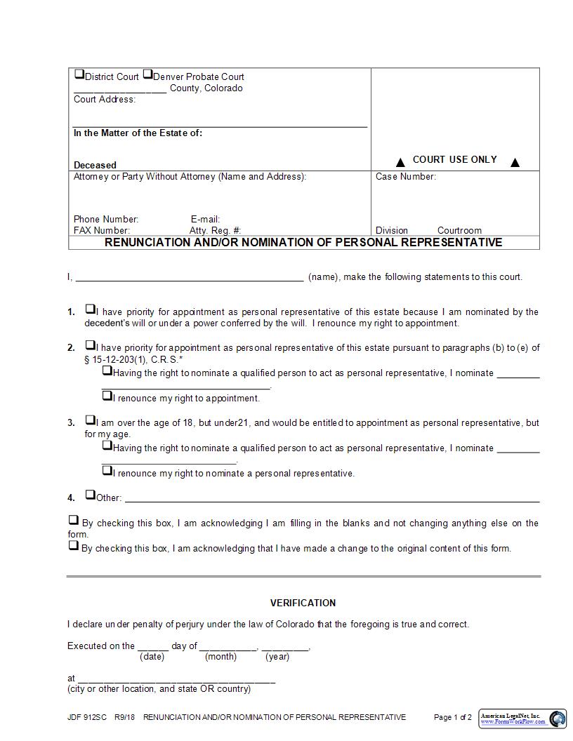 Renunciation And Or Nomination Of Personal Representative {JDF 912SC} | Pdf Fpdf Docx | Colorado