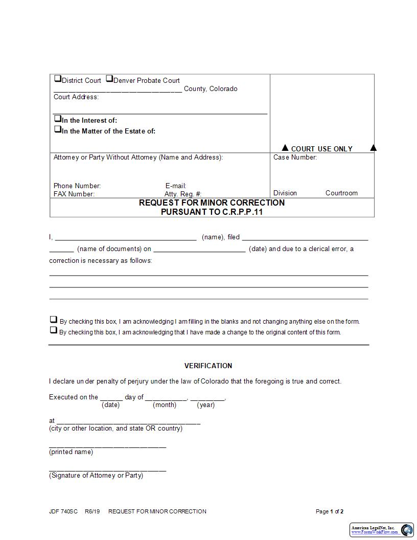 Request For Minor Correction {JDF 740SC} | Pdf Fpdf Docx | Colorado