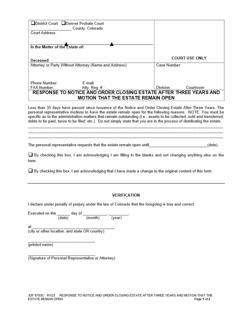 Response To Notice And Order Closing Estate After Three Years {JDF 970SC} | Pdf Fpdf Docx | Colorado