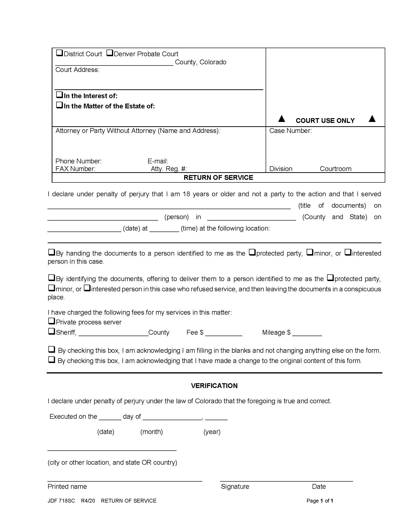 Return Of Service {JDF 718} | Pdf Fpdf Docx | Colorado