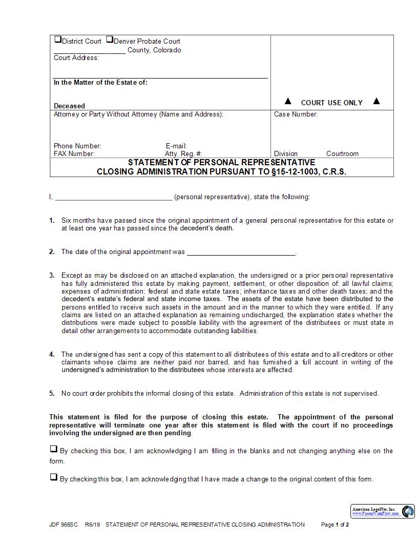 Statement Of Personal Representative Closing Administration {JDF 965SC} | Pdf Fpdf Docx | Colorado