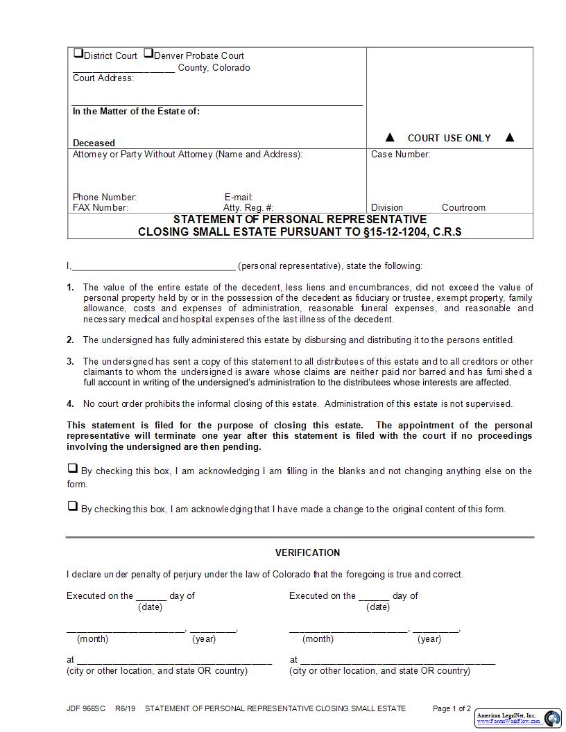 Statement Of Personal Representative Closing Small Estate {JDF 966SC} | Pdf Fpdf Docx | Colorado