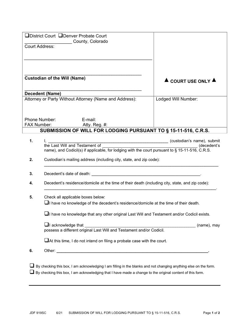 Submission Of Will For Lodging {JDF 919} | Pdf Fpdf Docx | Colorado