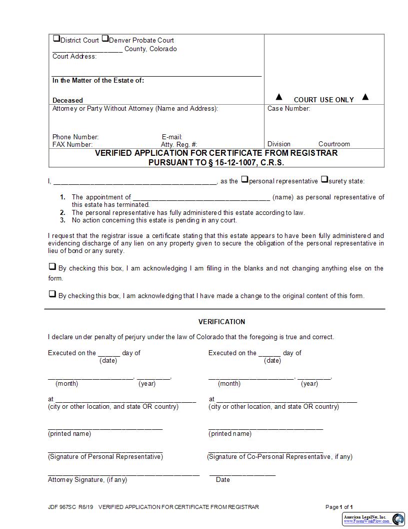 Verified Application For Certificate From Registrar {JDF 967SC} | Pdf Fpdf Docx | Colorado