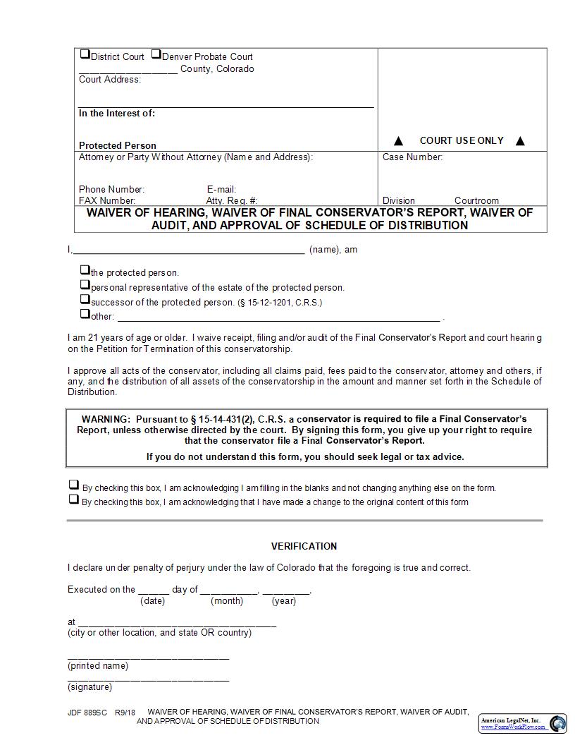 Waiver Of Hearing Waiver Of Final Report And Approval Of Distribution {JDF 889SC} | Pdf Fpdf Docx | Colorado