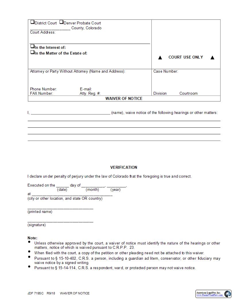 Waiver Of Notice {JDF 719SC} | Pdf Fpdf Docx | Colorado