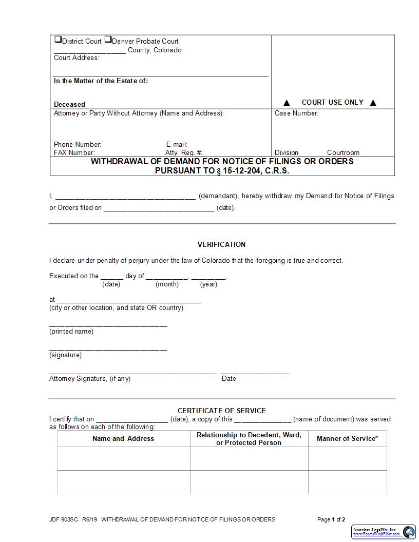 Withdrawal Of Demand For Notice Of Filings Or Orders Pursuant To 15-12-204 C.R.S. {JDF 903SC} | Pdf Fpdf Docx | Colorado