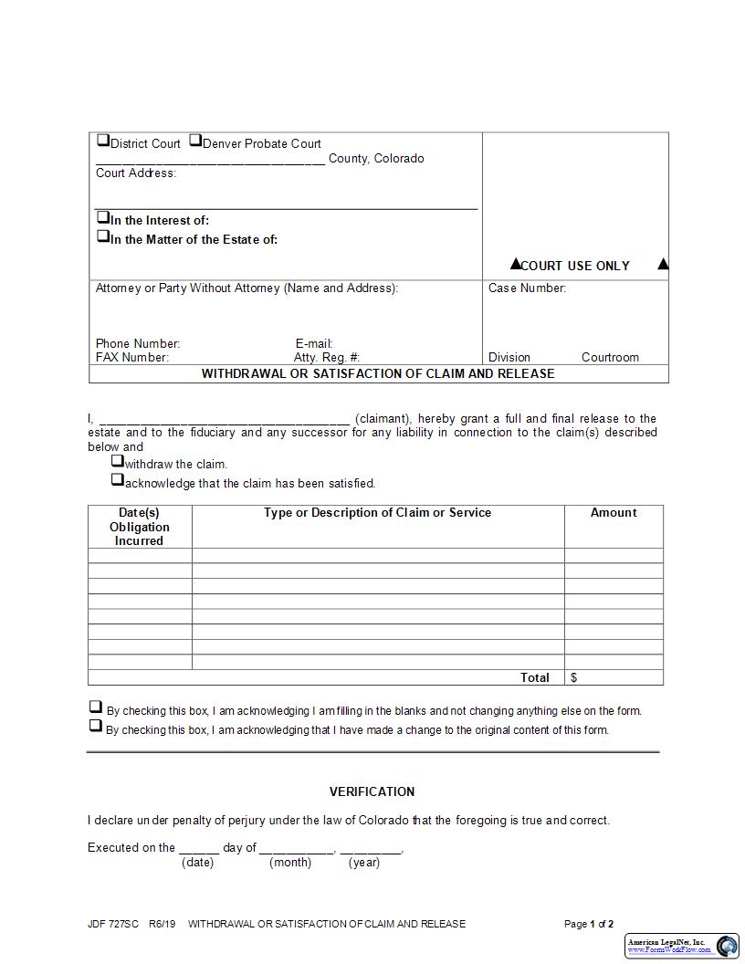 Withdrawal Or Satisfaction Of Claim And Release {JDF 727SC} | Pdf Fpdf Docx | Colorado