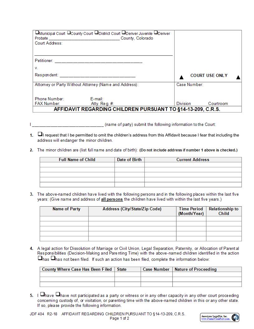 Affidavit Regarding Children {JDF 404} | Pdf Fpdf Docx | Colorado