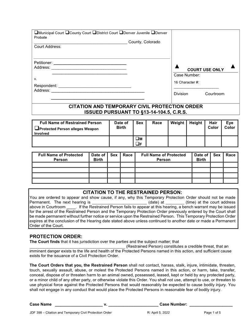 Citation And Temporary Civil Protection Order Issued (Section 13-14-104.5 C.R.S.)  {JDF 398} | Pdf Fpdf Docx | Colorado