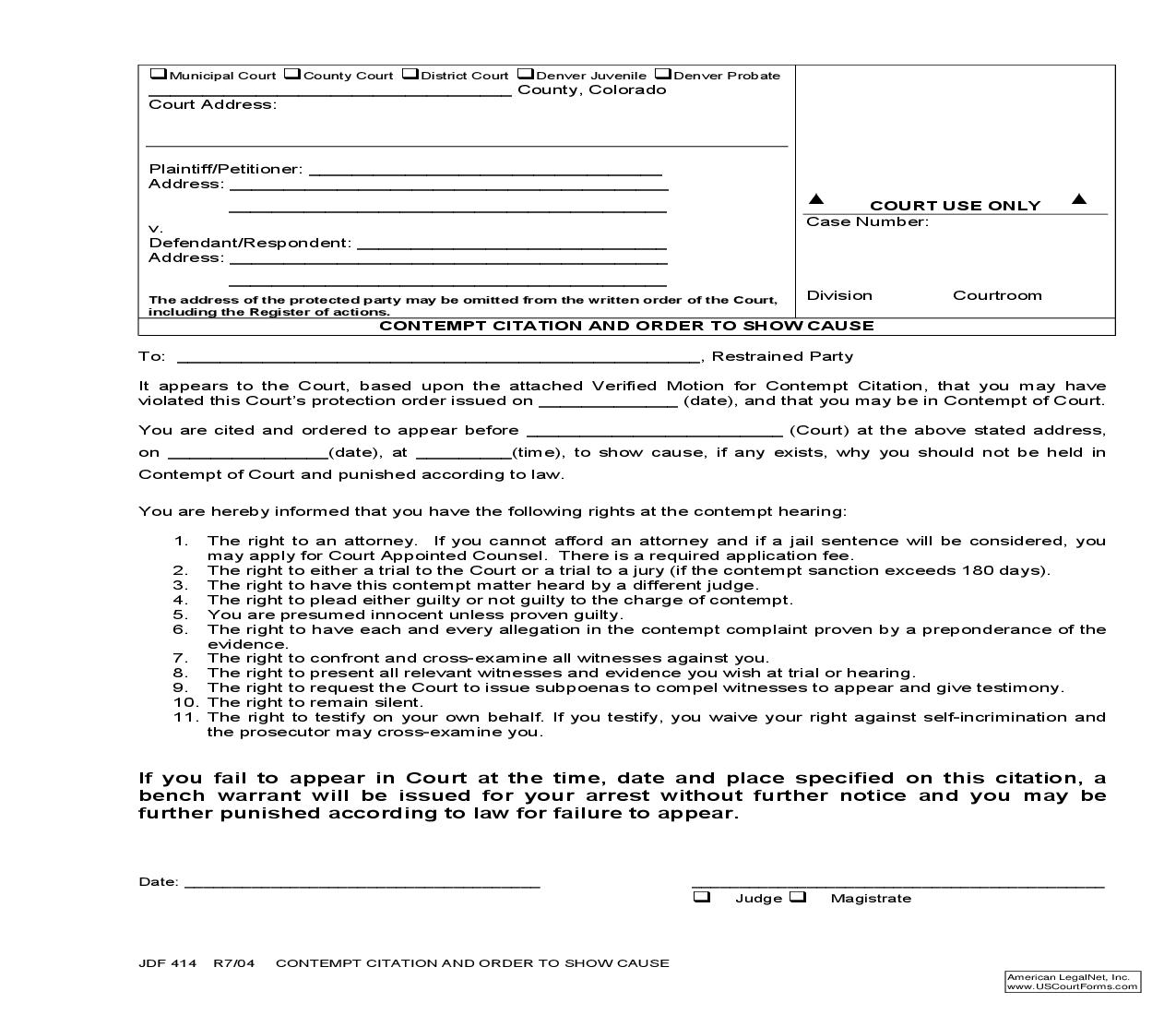 Contempt Citation And Order To Show Cause {JDF 414} | Pdf Fpdf Doc Docx | Colorado