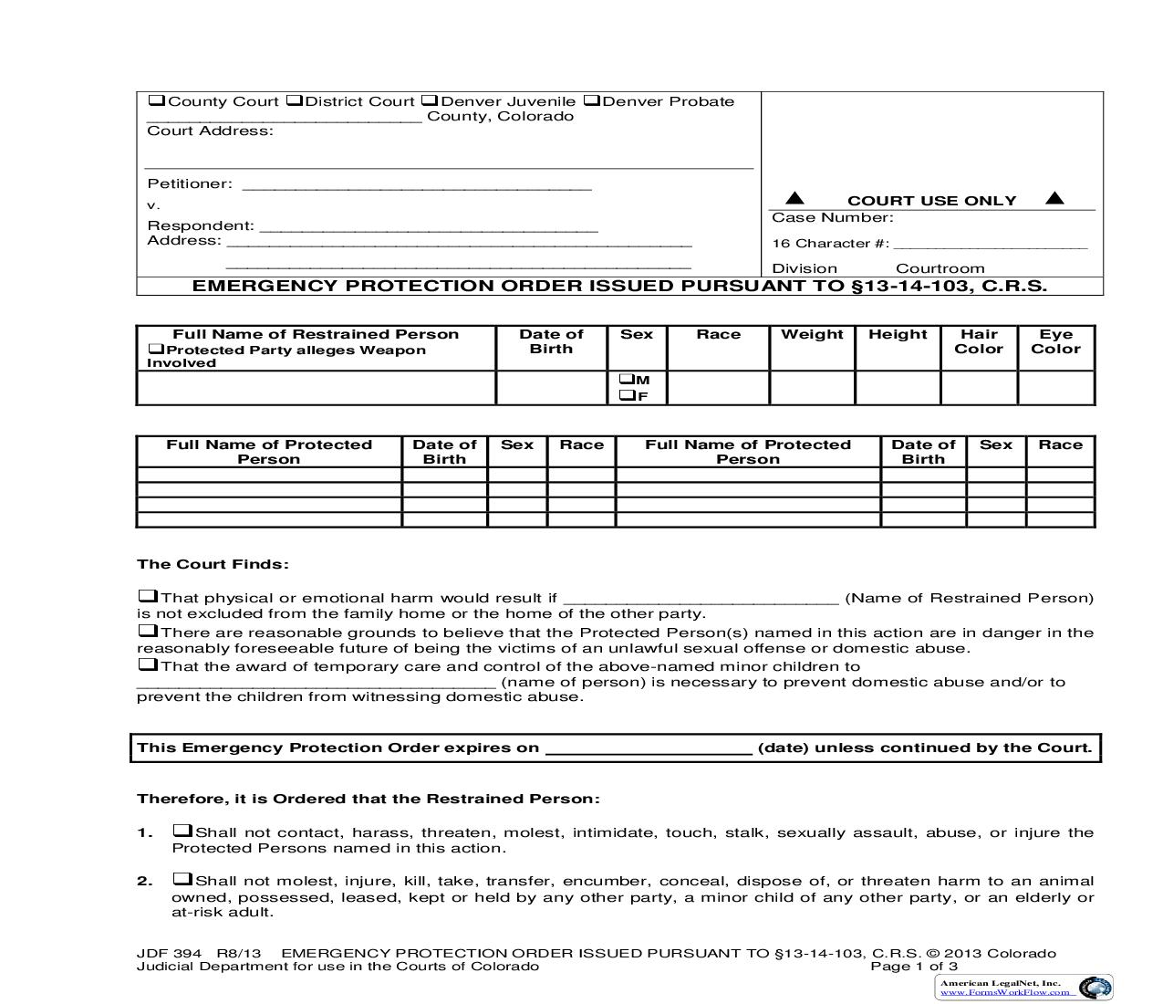 Emergency Protection Order Issued Pursuant To 13-14-103 C.R.S. {JDF 394} | Pdf Fpdf Doc Docx | Colorado
