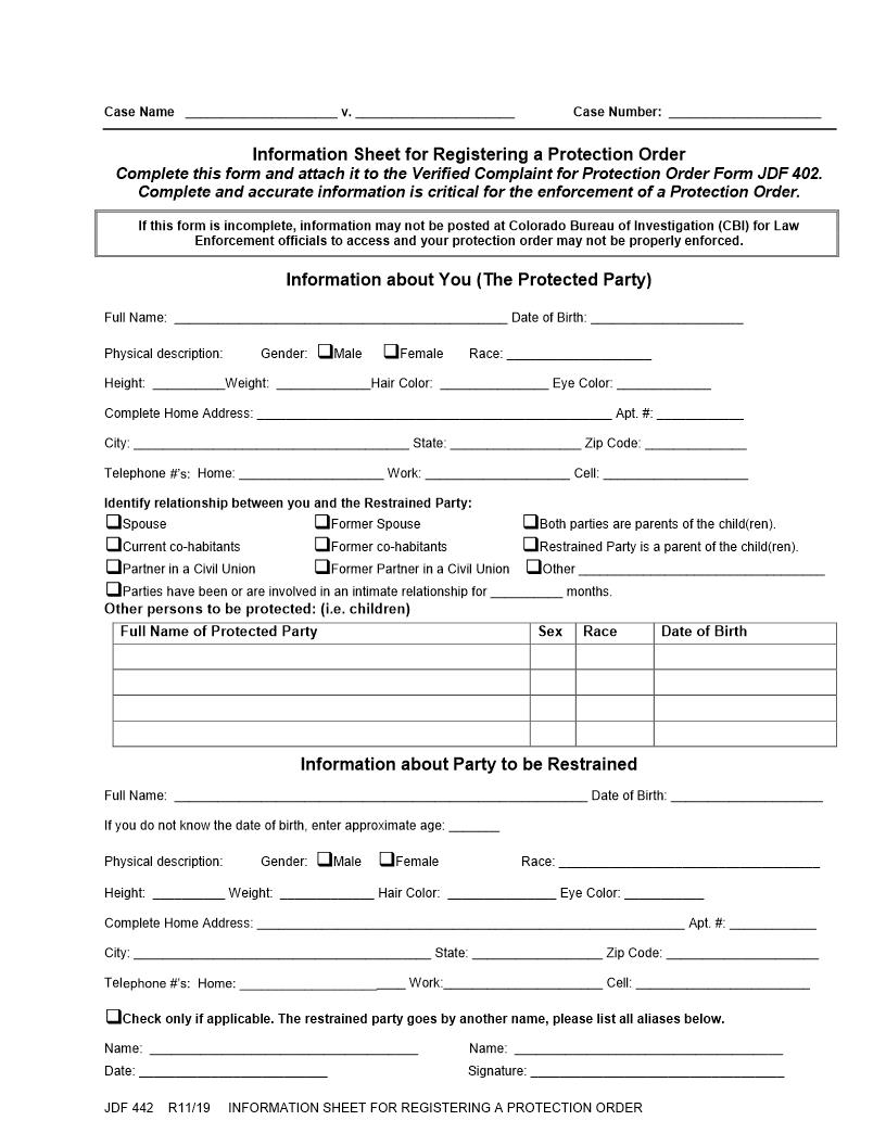 Information Sheet For Registering A Protection Order {JDF 442} | Pdf Fpdf Doc Docx | Colorado