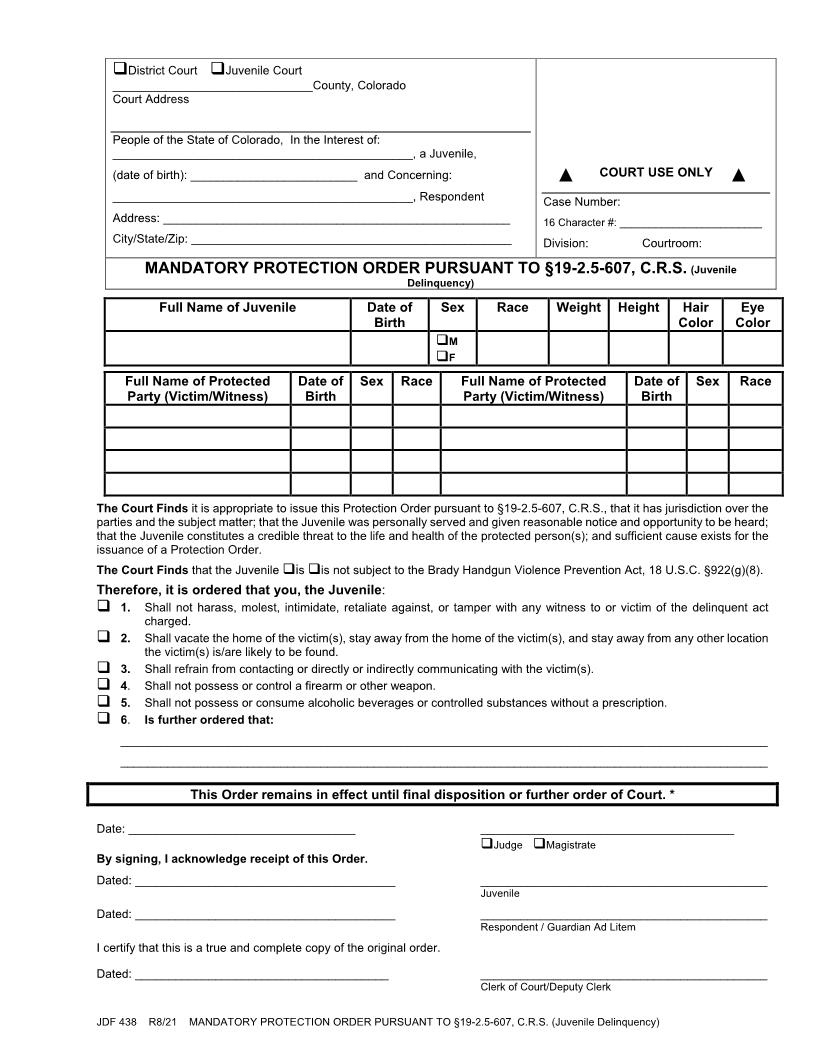 Mandatory Protection Order {JDF 438} | Pdf Fpdf Docx | Colorado
