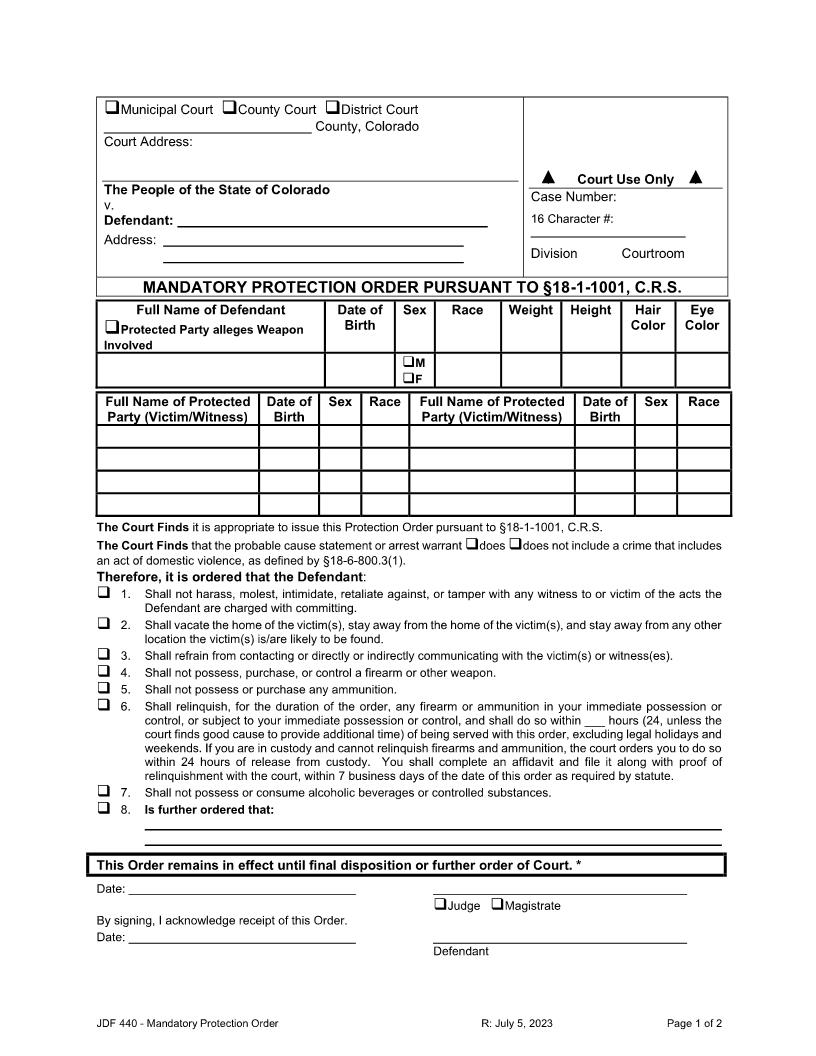 Mandatory Protection Order Pursuant To Section 18-1-1001 C.R.S. {JDF 440} | Pdf Fpdf Doc Docx | Colorado