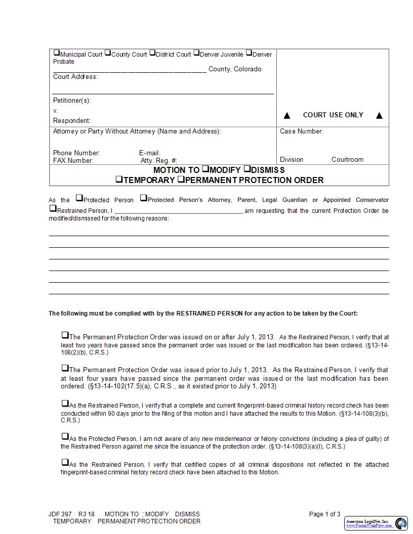Motion To Modify Or Dismiss Temporary Or Permanent Protection Order {JDF 397} | Pdf Fpdf Docx | Colorado